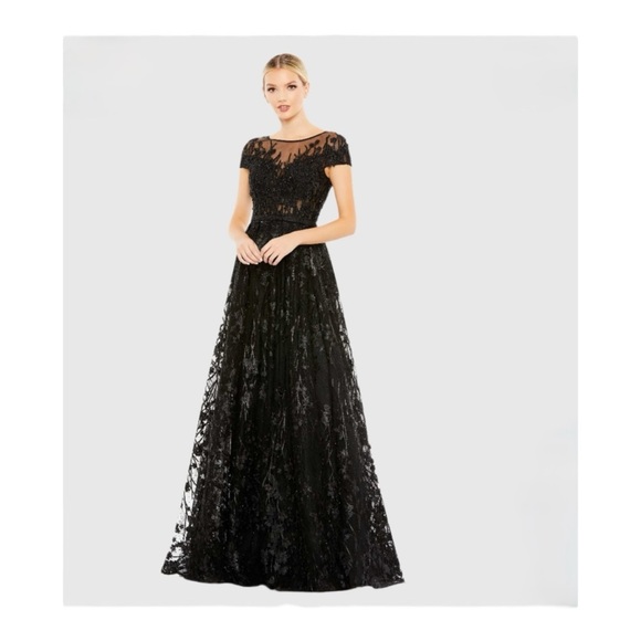 Mac Duggal Dresses & Skirts - Mac Duggal Black Embellished Floral Cap Sleeve A Line
Gown NWT